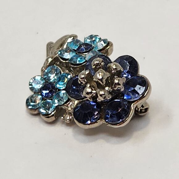 Flower Bouquet Floral Blue Rhinestone Brooch Pin Silver Tone Retro Jewelry Small - Picture 2 of 4